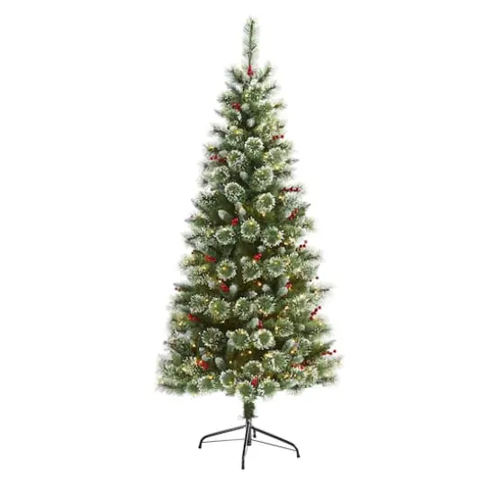 6ft. Pre-Lit Frosted Swiss Pine & Berries Artificial Christmas Tree with Clear LED Lights {1}