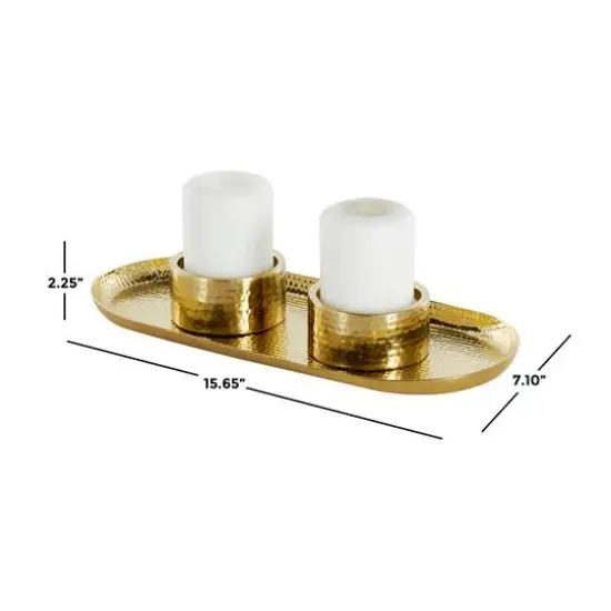 16" Gold Stainless Steel Metal Hammered Candle Holder with Oval Tray Plate {8}