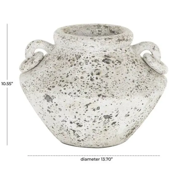 14" White Antique-Style Textured Ceramic Vase with Ring Handles {5}