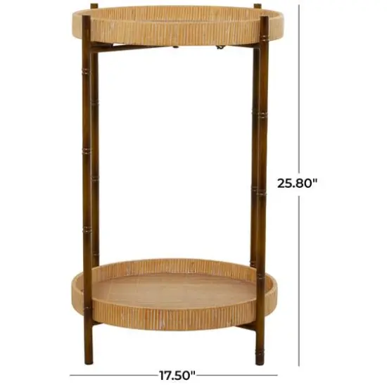 Brown Rattan 2 Tray Shelves Accent Table with Metal Bamboo Inspired Legs 18" x 18" x 26" {6}