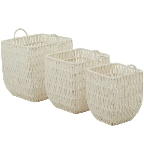 White Cotton Handmade Storage Basket with Handles Set of 3 18", 16", 15" {3}