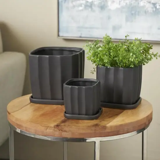 Black Square Wide Groove Textured Ceramic Planter Set {3}