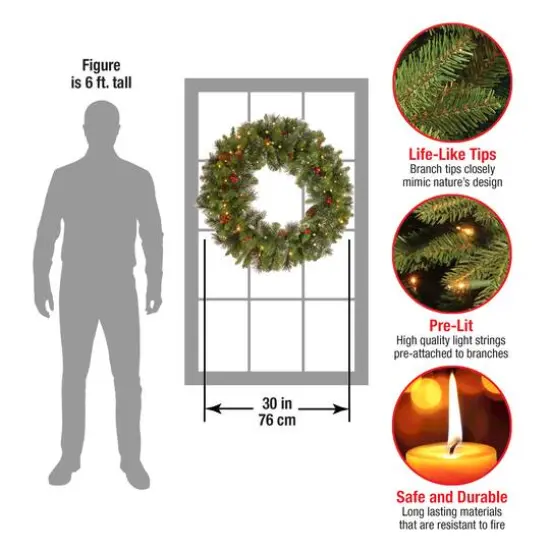 30" Crestwood&reg; Spruce Wreath with Cones, Red Berries, Glitter & 70ct. Warm White Battery Operated LED Lights with Timer {5}