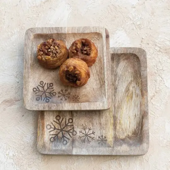Hello Honey&reg; Square Laser Etched Snowflakes Mango Wood Tray Set {3}