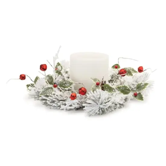 18" Flocked Pine, Holly Leaf & Sleigh Bell Candle Ring {1}