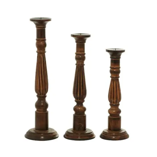 Brown Mango Wood Traditional Candle Holders Set, 18", 21" & 24" {3}