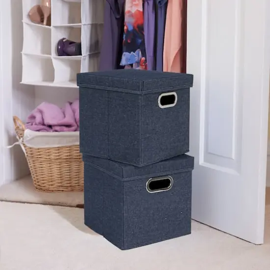 Household Essentials 11.5" Denim Blue Collapsible Cotton Blend Cube Storage Box with Lid, 2ct. {3}