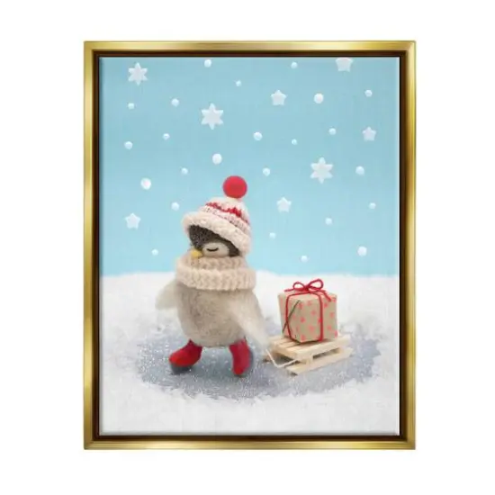 Stupell Industries Penguin Christmas Present Sled Framed Floater Canvas Wall Art Gold {1}