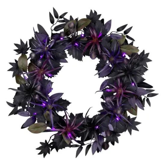 24" Scare in the Air Purple & Black Flower Halloween Pre-Lit LED Wreath {1}