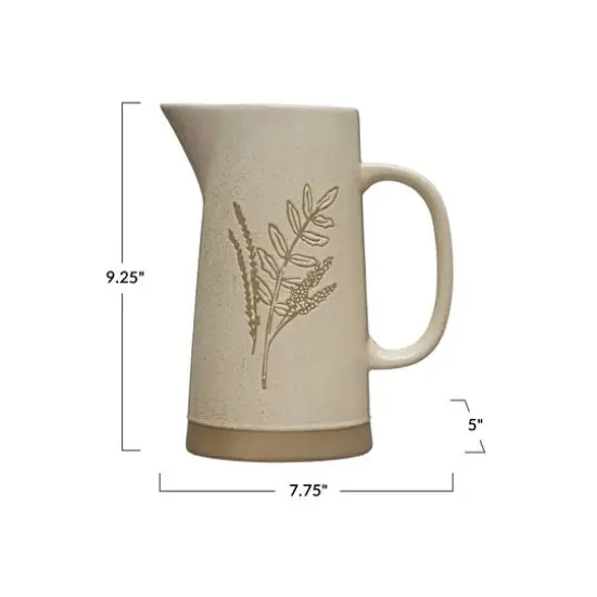 Hello Honey&reg; 9" Matte White Wax Relief Botanical Image Reactive Glaze Stoneware Pitcher {1}