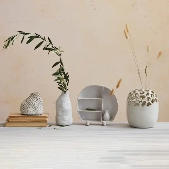 Hello Honey® 7.5" Cream Stoneware Flower Frog Vase with Reactive Glaze {5}