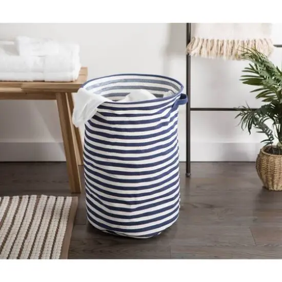 DII&reg; 20" French Blue & White Striped Round PE-Coated Herringbone Cotton Laundry Hamper {3}