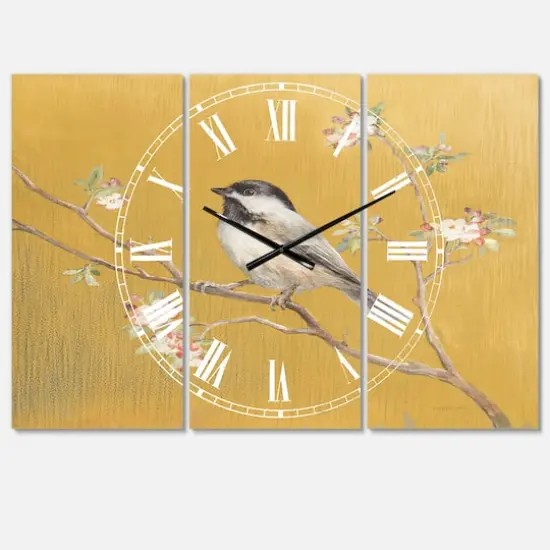 Designart 'Gold Bird On Blossoms Iv Farmhouse Multipanel Wall Clock {1}