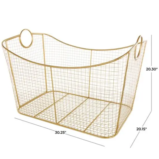 30.25" Gold Metal Geometric Wire Grid Basket with Curved Sides & Ring Handles {8}