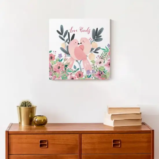 Two Love Birds And Flowers 12" x 12" Canvas Wall Art {5}