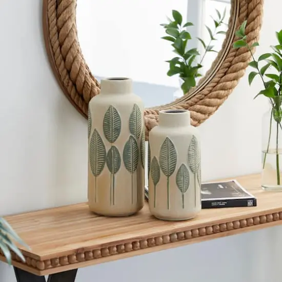 Set of 2 Beige Stoneware Coastal Style Vase, 11", 14" {7}
