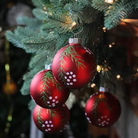 4ct. Matte Red with Pine Needles Glass Christmas Ball Ornaments {3}