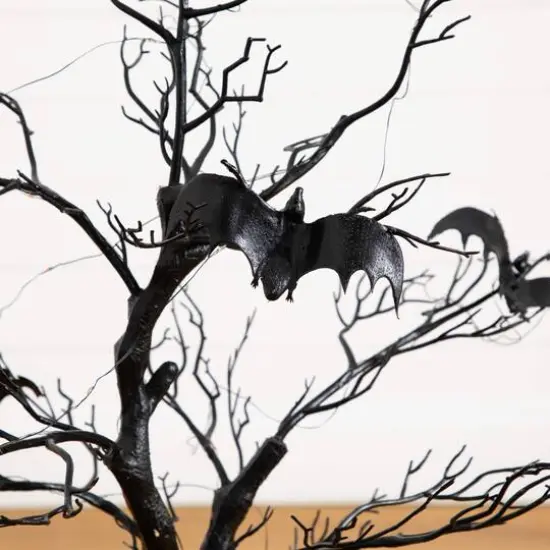 3ft. Pre-Lit Artificial Halloween Black Spooky Twig Tree with Bats and 100 Orange & Purple LED Lights {6}