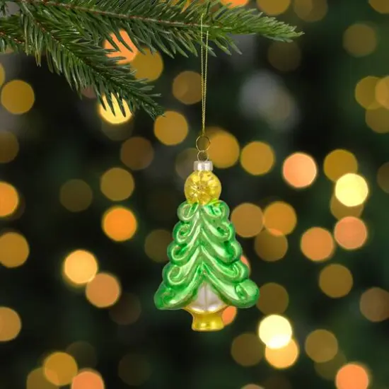 5" Pearl & Glitter Green & Gold Glass Christmas Tree Hanging Ornament {6}