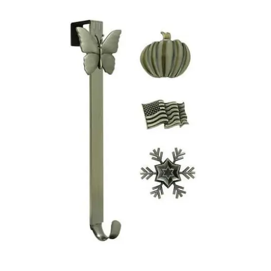 Haute Decor Antique Brass Adjustable Wreath Hanger with Decorative Icons {1}