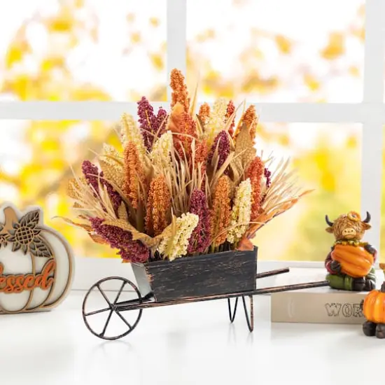 Glitzhome® 15" Fall Multi-Colored Sorghum Cart Centerpiece {4}