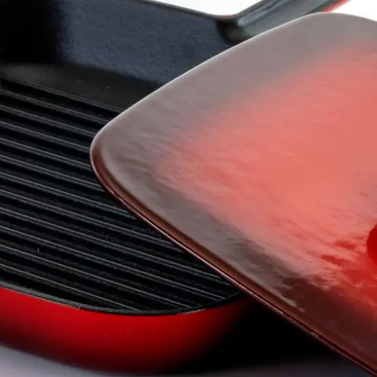 MegaChef 11" Square Red Enamel Cast Iron Grill Pan with Matching Grill Press {4}