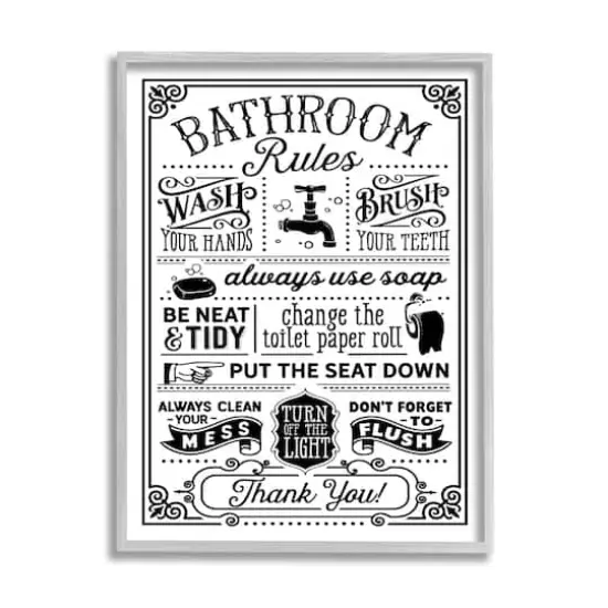 Stupell Industries Vintage Style Bathroom Rules Diagram List Border Framed Giclee Art Gray {1}