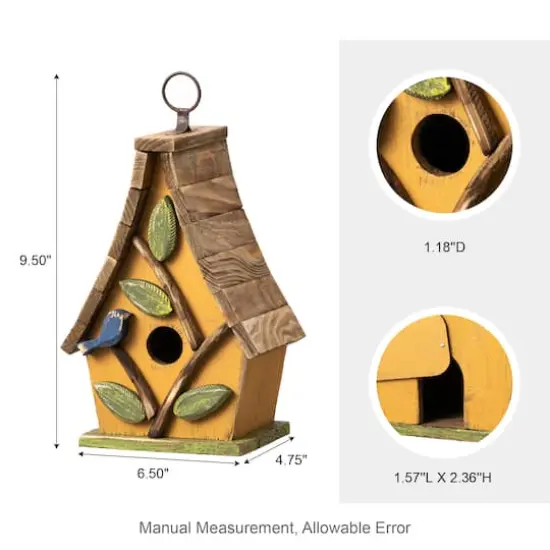 Glitzhome&reg; 9.5" Yellow Distressed Wood Birdhouse with Leaves {4}