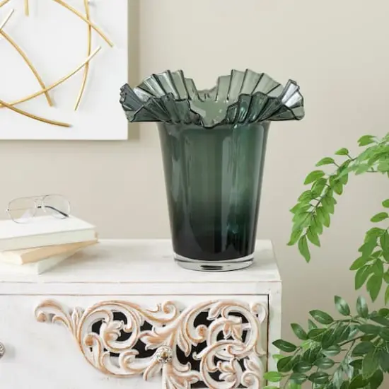 Green Glass Floral Tulip Inspired Ombre Vase with Wavy Opening {3}