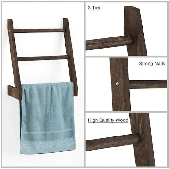3-Tier Rustic Wood Farmhouse Wall Hanging Ladder Towel Rack Brown {5}