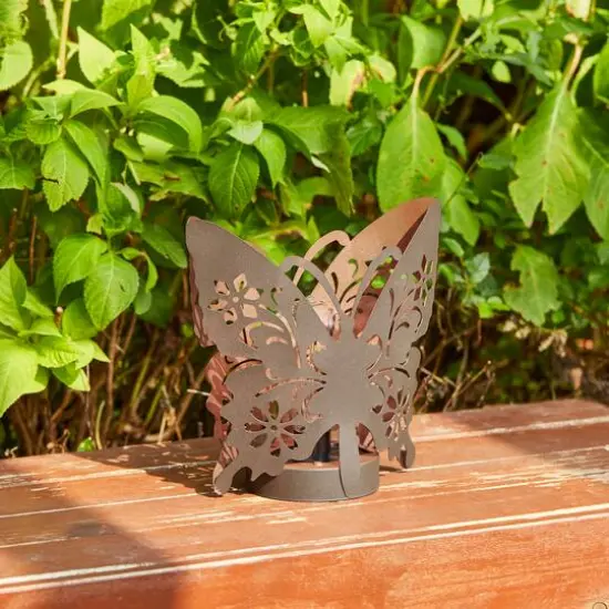 Glitzhome&reg; 9" Metal Flying Butterfly Silhouette Solar Powdered Edison Bulb Outdoor Lantern {6}