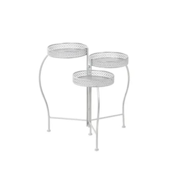 20" Metal Curved Folding 3-Tier Plant Stand with Floral & Scroll Patterns Silver {9}