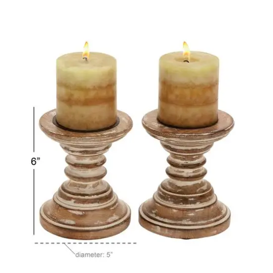6'' Light Brown Mango Wood Traditional Candle Holder, 2ct. {6}