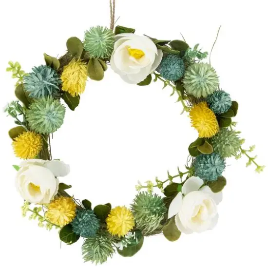 9" Cream Rose, Green & Yellow Thistle Hanging Spring Wreath {1}