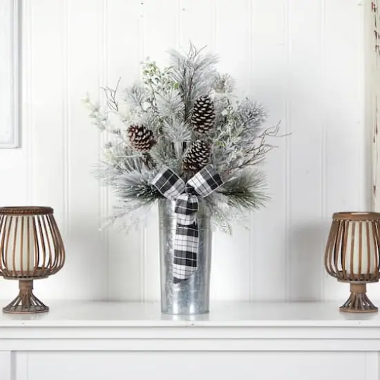 2.5ft. Frosted Greenery & Pinecone with Plaid Bow in Decorative Tin Artificial Christmas Arrangement {4}