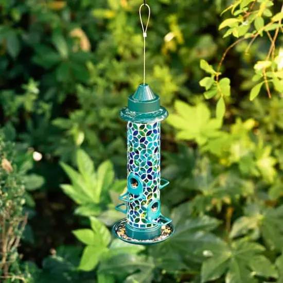 Glitzhome&reg; 20" Tall Blue & Green Mosaic Glass Hanging Bird Feeder {7}