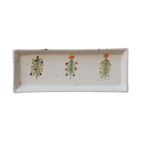 Hello Honey&reg; 12" x 4.5" Speckled Hand-Painted Christmas Trees Stoneware Platter {1}
