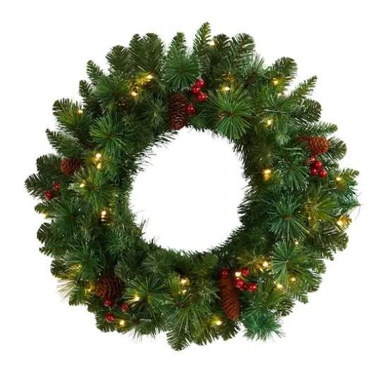 20" White LED Lights Frosted Pine Artificial Christmas Wreath With Pinecones & Berries {1}