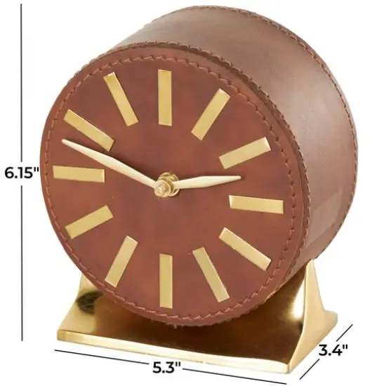 Faux Leather Round Decorative Clock with Rectangular Base Brown/Gold {8}