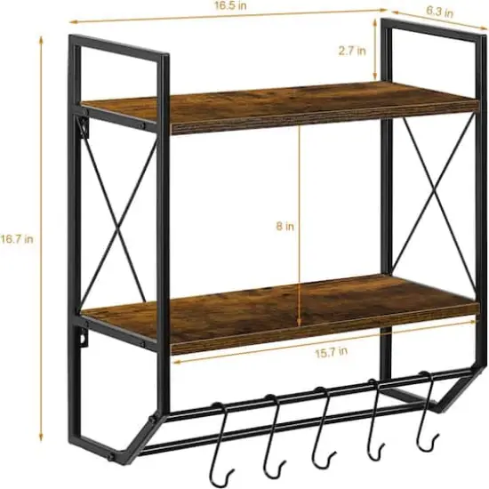 2-Layer Wall Mounted Rustic Shelves with Iron Towel Bar Brown {4}