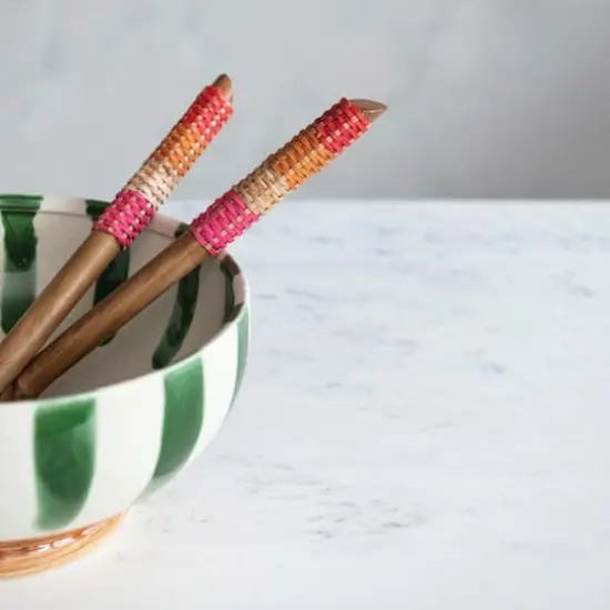 Hello Honey® 12" Teakwood Kitchen Salad Servers with Rattan Wrapped Handles & Drawstring Bag {4}