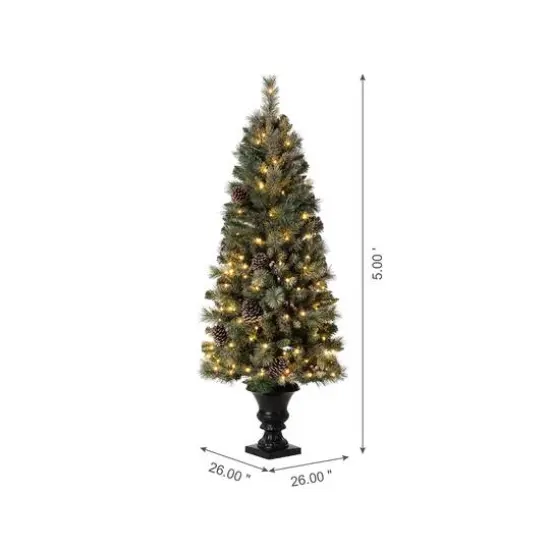 5ft. Pre-Lit Flocked Pine Artificial Christmas Tree in Black Urn, Warm White Lights {8}