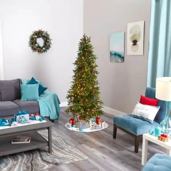 6ft. Pre-Lit Berries Victoria Fir Artificial Christmas Tree with Color Changing LED Lights {8}