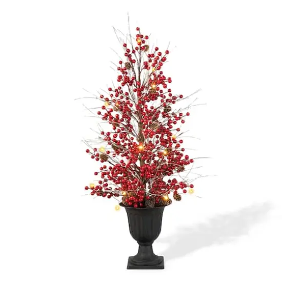 3ft. Pre-Lit Berry & Pinecone Artificial Urn Christmas Porch Tree, Warm White LED Lights {1}