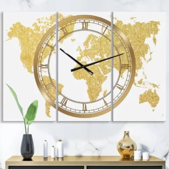 Designart Golden Map Of The Earth Fashion 3 Panel Large Wall Clock {3}