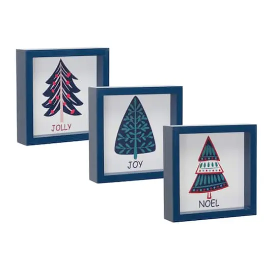 6" Navy Christmas Tree Sentiments Tabletop D&eacute;cor Set {3}