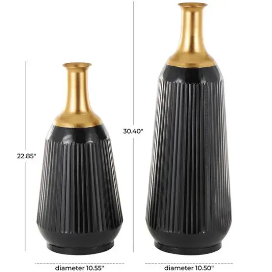 Black Metal Tall Ribbed Decorative Vase Set with Gold Tops {6}
