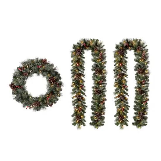 Glitzhome&reg; 24" Pre-Lit Glittered Pinecone Christmas Wreath & Matched 9ft. Garlands Set {1}
