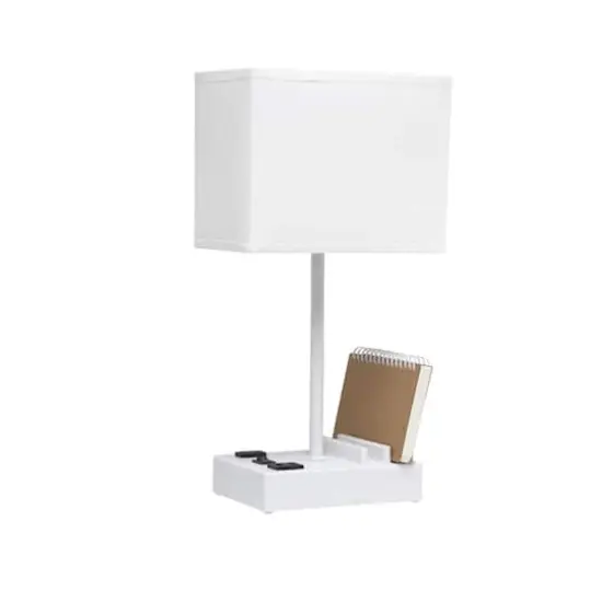 Simple Designs 15.3" Table Lamp with 2 USB Ports & Charging Outlet White Base/White Shade {9}