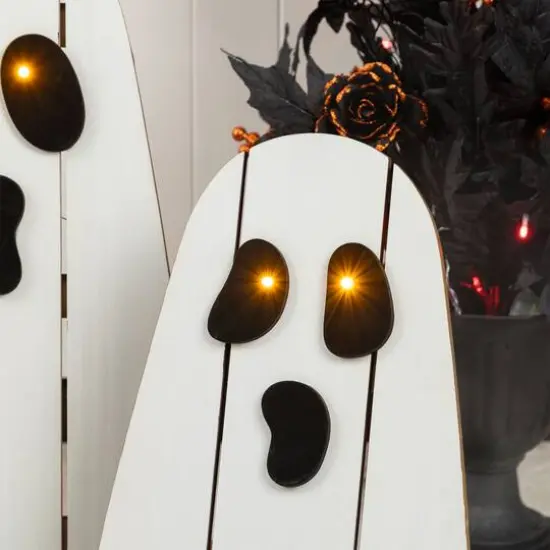 Glitzhome&reg; 24"H Halloween Lighted Wooden White Ghost Porch Decor with Timer Set {6}